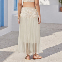 Cyflymder Women 3D Floral Tulle Skirt Elegant Ladies Clothes High Waist A-Line Long Flowy Skirt Beach Party Skirts Streetwear