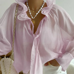 Cyflymder Fashionable Office Women's Shirt Scarf Collar Long Sleeves Patchwork Perspective Temperament Loose Blouse Female