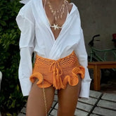 Cyflymder Women's Crochet Shorts Ruffle Bloomer Beach Summer Cute Y2k Elastic Waist Frilly Mini Micro Knit Shorts