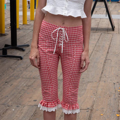 Cyflymder Y2K Vintage Women Capri Pants Lace Ruffles Front Cross Tie-Up Summer Casual Cropped Pants Stretch Crop Leggings