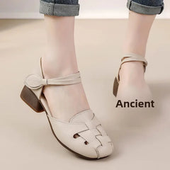 Cyflymder Breathable Leather Upgraded Version Mom Shoes Mid Heel Soft Bottom Sandals Women Thick Heel Genuine Leather Footwear