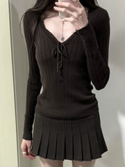 Cyflymder Knitted V-neck T-shirts Women Autumn Buttons Slim