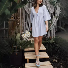 Cyflymder Popular Pure Cotton Pajamas Women's European and American Seven-quarter-sleeved Pajamas Outer Wear, Home Loose Casual Dress
