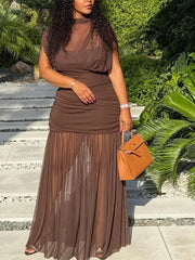 Cyflymder Summer Sexy Women's Sleeveless Pleated Midi Dress Chic Splicing Design Zipper Tulle Dress for Beach Party Elegant Mujer