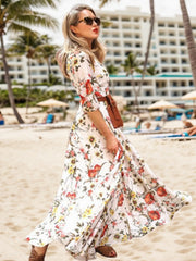 Cyflymder New Elegant Floral Print Women's Dress, Half Sleeved Long Pants Dress, Summer Vacation Beach Dress