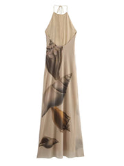 Cyflymder Shell Printed Mesh Party Dress Halter Knitted Maxi Beach Autumn Dress Backless Bodycon Beige Christmas Long Vestidos