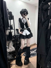 Cyflymder Autumn Vintage 3 Piece Set Women V Neck Sleeve Ruffle Button Down Shirt Vest Ruched Waist Skirt Slim Fit Elegant Daily Outfit
