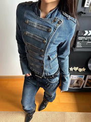Cyflymder New American Retro Y2K Millennium Aesthetic Women's Denim Cardigan Jacket Double-breasted High-neck Napoleon Style Outwear