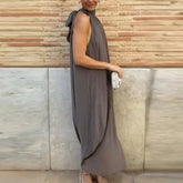 Cyflymder Ladies Fashion Turtleneck Lace-up Long Dress Spring Casual Solid Pleated Evening Dress Summer Sleeveless Streetwear Maxi Dresses