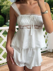 Cyflymder Women s Lace Trim Square Neck Sleeveless Cami Pajama Set with Elastic Waist Mini Shorts - 2 Piece Sleepwear Outfit for a