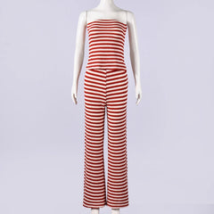 Cyflymder New Spring Summer Striped 2 Piece Set Women Casual Strapless Sleeveless Back Lace-up Crop Top and Pants Matching Outfit