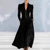 Cyflymder Women's Solid V-Neck Ruched Elegant Maxi Dress Long Sleeve Buttons Slim Fit Spring Gown Fashion Draped Irregular Long Dresses