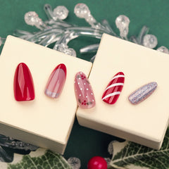 Cyflymder French Red Candy Stripe Silver Glitter Powder Christmas Fake Nails Detachable Finished False Nails Press on Nails with Glue