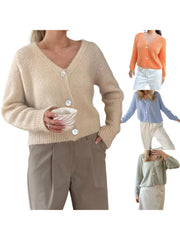 Cyflymder Ladies Classic Knit Cardigan with V Neckline Long Sleeves and Button Closure - Stylish Cropped Sweater for Autumn Casual Wear