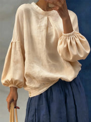 Cyflymder Temperament Simple Solid Color Loose Blouse Summer New Elegant Lady Commuting Shirt Casual O-neck Lantern Long Sleeve Linen Tops