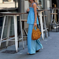 Cyflymder Sexy Strap Top+Pants 2pc Set Bohemian Backless Pleated Beach Vacation Suit Trendy Striped Printed Off Shoulder Sleeveless Outfit