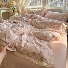 Cyflymder Korean Style Girly Heart Floral Double Layer Gauze Four-Piece Set Princess Style Lace Trim Quilt Cover Bed Sheet Dormitory