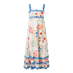 Cyflymder Women Sleeveless Boho Dress Suspender Wave Large Swing Flowy Casual Maxi Dress Summer Holiday Printed Backless Beach Dress