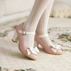 Cyflymder Block Heels For Women Pumps Basketball Platform Bow Shoes Sandals Ladies Shallow Mouth Sweet Round Toe Chunky African Big Beige