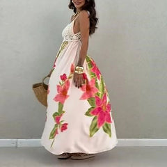 Cyflymder Sexy Off Shoulder Crochet Hollow Suspender Dress Fashion Sleeveless Hollow Beach Long Dress Elegant Backless Printed Swing Dress