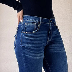 Cyflymder Elegant High Stretchy Skinny Flare Jeans, Leopard-Print Pockets with Studs, Mid Waist Slim Fit- Retro & Stylish Long Length T27