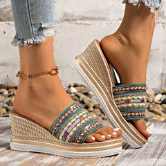 Cyflymder Bohemian Striped Braided Wedge Sandals Women Summer Thick Sole Outdoor Beach Slides Woman Plus Size Fashion Platform Slippers