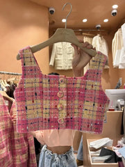 Cyflymder Crop Jackets Autumn Slim Y2k Square Collar Plaid Vest Waistcoat Women Chalecos Para Mujer Woolen Tanks Top Hot Sweet