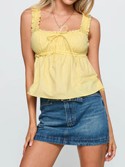 Cyflymder Women s Sleeveless Ruffle Trimmed Babydoll Tank Top with Bow Detail and Loose Hem - Chic Solid Camisole for Summer Style