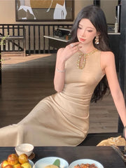 Cyflymder Elegant Gold Sleeveless Long Dress V-Neckline Events Evening Parties Luxurious woman dresses Hot Sexy Flowy Clothing