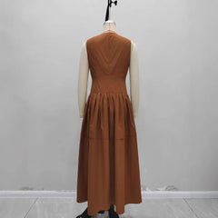 Cyflymder Fashion Brown New Sleeveless Crew Neck Front Zipper High Waist Cascade Dress