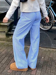 Cyflymder Summer Women Oversize Casual Striped Print Long Pants Drawstring Elastic Waist Loose Straight Pants with Pockets Streetwear