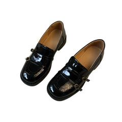 Cyflymder Genuine Leather Loafers For Women Vintage Shiny Block Heel Brogue Casual Shoes British Style Leather Dress Footwear