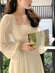 Cyflymder Spring French Elegant Solid Midi Dress Woman Long Sleeve Fairy Party Dresses Casual One Piece Dress Korean Female Fashion