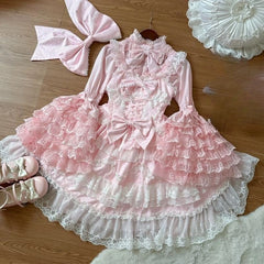 Cyflymder Japanese Lolita Jsk Gorgeous Bow 2 Piece Set Women Y2k Long Sleeve Shirt Kawaii Cute Lace Ruffles Vintage Elegant Princess Dress
