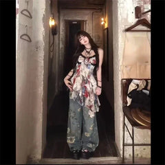 Cyflymder New American Style Sexy Gyaru Halter Top Women Design Sweet Print Slim Camisole Summer High Street Coquette Asymmetrical Tees