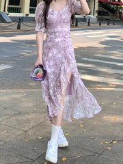 Cyflymder Summer Short Sleeve Fairy Floral Dress Woman Beach Party One Piece Dress Korean Style French Elegant Midi Dress Casual Chic