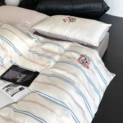 Cyflymder High End Cartoon Embroidered Queen Bedding Set 100% Lyocell Stripes Skin Friendly Duvet Cover Set Natural Plant Quilt Cover Sets