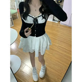 Cyflymder Early Autumn New Sweet System Suit Spicy Girl Petite Black White Spliced Top White Cake Short Skirt 2-piece Set