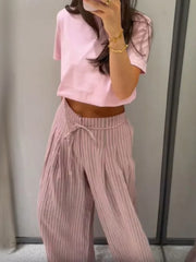 Cyflymder Striped Drawstring Wide Leg Pants Women High Waist Side Pocket Vertical Stripe Bottom Lady's Casual Outdoor Streetwear Trousers