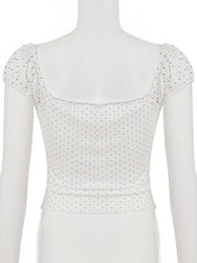 Cyflymder Casual Dot Printed T Shirt French Style Slim Bandage Lace Trim Short Sleeve Tees Women 2025 Summer Fashion Streetwear