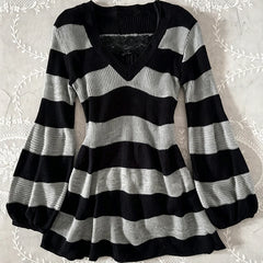 Cyflymder Women Y2K Black Grey Striped Knit Sweater V‑Neck Flare Long Sleeve Lace Splice Peplum Hem Vintage Casual Slim‑Fit Top