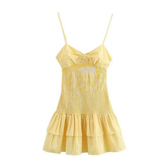 Cyflymder New Fashion Vintage Beach Mini Dress for Women Summer Holiday Women Casual Small Plaid Bow Yellow Dress Elegant Vestidos