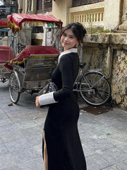 Cyflymder Women's Classic Splice Maxi Dress Elegant Trend Lapel V-neck Bandage Full Sleeve Bodycon Female French Street Long Robe