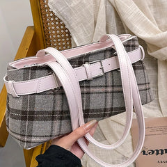 Cyflymder New Handbag Boho Shoulder Bag Bell Pendant Lightweight Tote Bag Plaid Underarm Bag Women Soft PU Checked Tote Cloth Shopping Bag