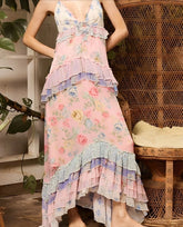 Cyflymder Women s Floral Halter Dress Stylish Print Multi-Layered Ruffles Backless V Neck A Line Long Dress for Summer