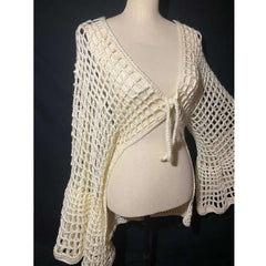 Cyflymder Women Cream White Hollow Out Crochet Tie Up Cardigan Flare Long Sleeve V‑Neck Y2K Loose Cropped Knit Cover Up Top