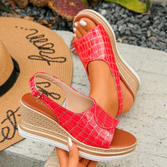 Cyflymder Summer New Buckle Slope Heel Women's Sandals Summer Checkered Pattern Thick Bottom Non slip Beach Shoes