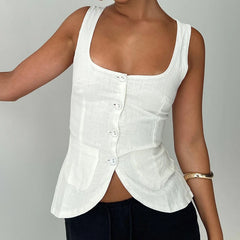 Cyflymder Women Elegant Vintage Tank Top Button Down Sleeveless Shirt Vest Square Neck Slim Fit Crop Tops Going Out Workwear