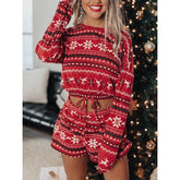 Cyflymder Christmas Women's Two Piece Sets Print O-neck Drawstring Hem Tops Shorts Party Casual New in Matching Sets 69512