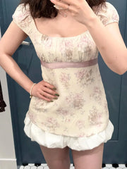 Cyflymder Purple Floral Top Women Casual Slim Lace-up Square Collar Babydoll Sleeveless Tee Tops Sweet Vintage Preppy Style T-shirts Y2K